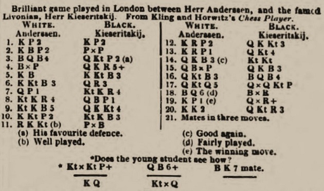 This match is known as the Immortal Game, played in 1851, white