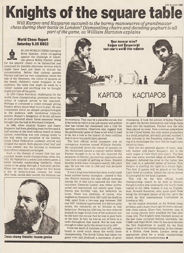 A judge checks player's chairs in the Karpov v Kasparov world