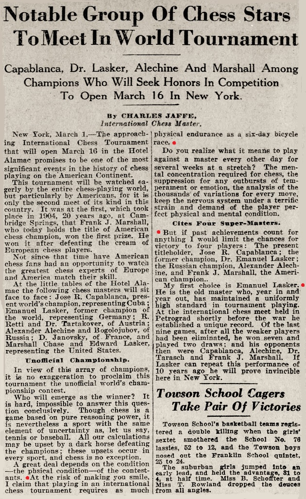 New York 1924, Round 14: Capablanca wins against Dr. Lasker