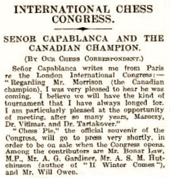International Chess Congress, London 1922 WH WATTS, Alekhine, Capablanca, Reti